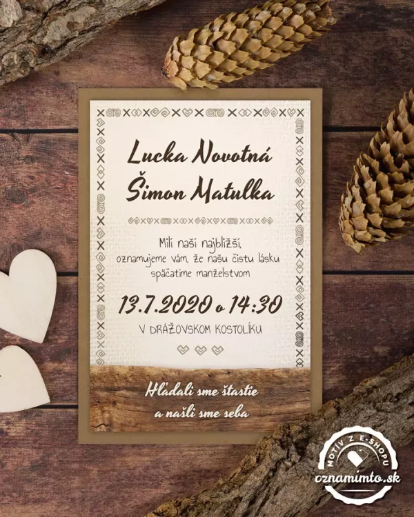 ľudové drevené svadobné oznámenia, svadobné oznámenia s ľudovým dreveným vzorom
