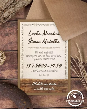 ľudové drevené svadobné oznámenia, svadobné oznámenia s ľudovým dreveným vzorom