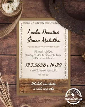 ľudové drevené svadobné oznámenia, svadobné oznámenia s ľudovým dreveným vzorom