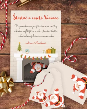 vianočný pozdrav / firemná PF karta / firemný vianočný pozdrav / vianočné prianie / pohľadnica / pf 2022 s kozubom a santa clausom
