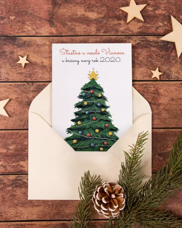 vianočný pozdrav / firemná PF karta / firemný vianočný pozdrav / vianočné prianie / pohľadnica / pf 2022 so stromčekom
