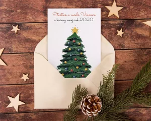 vianočný pozdrav / firemná PF karta / firemný vianočný pozdrav / vianočné prianie / pohľadnica / pf 2022 so stromčekom