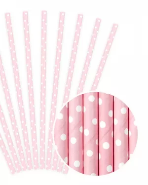 Svetlo ružové bodkované papierové slamky na oslavu, svadbu, párty