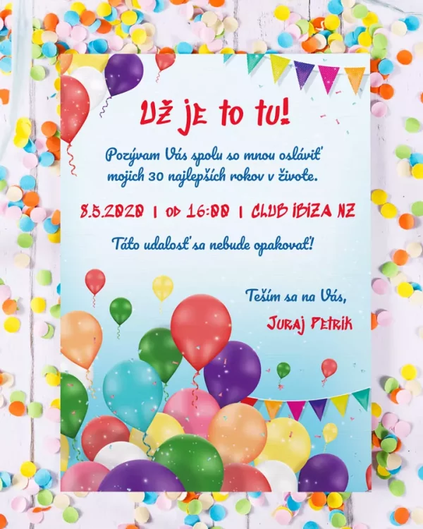Veselé pozvánky na oslavu narodenín s párty balónmi.