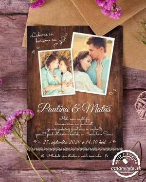 Svadobné oznámenia s fotkou a motívom tmavého dreva