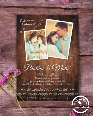 Svadobné oznámenia s fotkou a motívom tmavého dreva