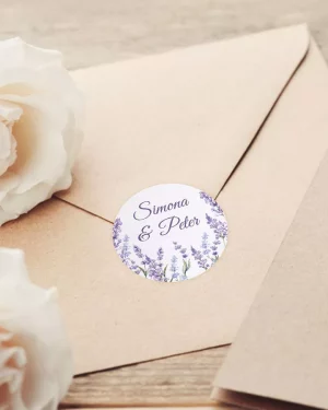 Mini nálepky na svadobné obálky alebo darčeky s motívom levanduľa