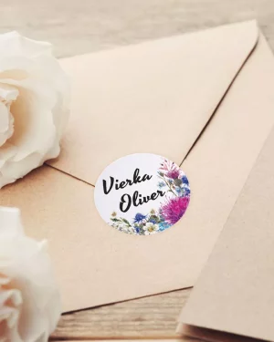 Mini nálepky na svadobné obálky alebo darčeky s motívom pestrých poľných kvetov