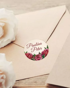 Mini nálepky na svadobné obálky alebo darčeky s motívom pivoniek