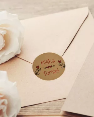 Mini nálepky na svadobné obálky alebo darčeky s motívom kraft