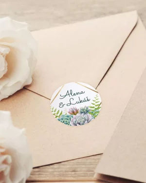 Mini nálepky na svadobné obálky alebo darčeky s motívom sukulenty greenery