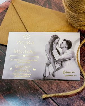 Luxusné metalické svadobné oznámenia s fotkou, zlatá metalická potlač