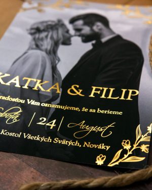 Luxusné metalické svadobné oznámenia s fotkou, zlatá metalická potlač