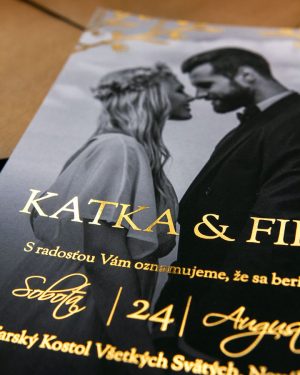 Luxusné metalické svadobné oznámenia s fotkou, zlatá metalická potlač