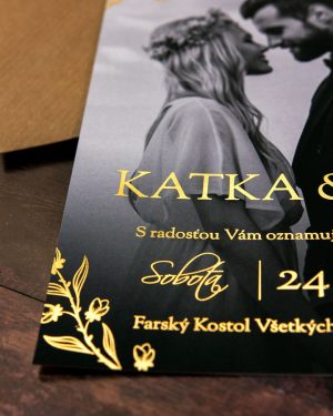 Luxusné metalické svadobné oznámenia s fotkou, zlatá metalická potlač