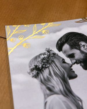 Luxusné metalické svadobné oznámenia s fotkou, zlatá metalická potlač