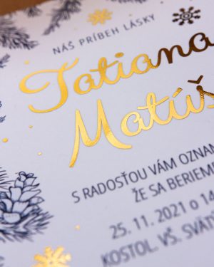 Metalické zimné svadobné oznámenia, zlatá metalická potlač