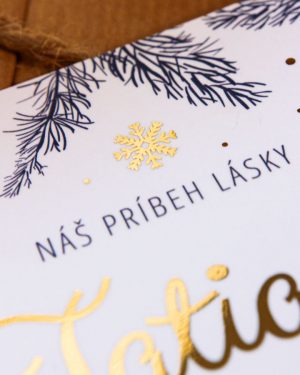 Metalické zimné svadobné oznámenia, zlatá metalická potlač