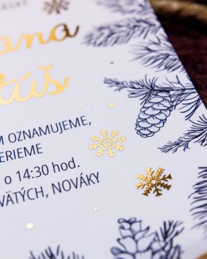 Metalické zimné svadobné oznámenia, zlatá metalická potlač