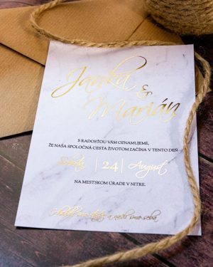 Minimalistické metalické svadobné oznámenia, zlatá metalická potlač