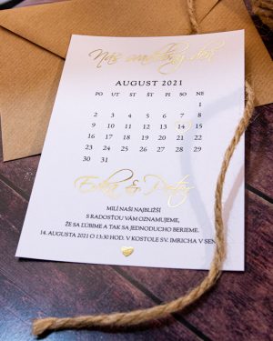 Metalické svadobné oznámenia s kalendárom, zlatá metalická potlač
