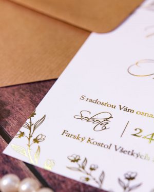 Elegantné metalické svadobné oznámenia, zlatá metalická potlač