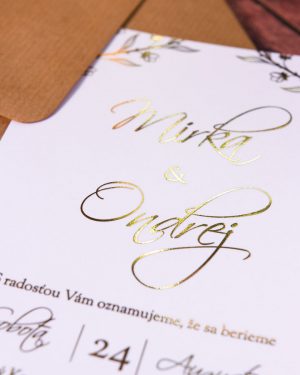 Elegantné metalické svadobné oznámenia, zlatá metalická potlač