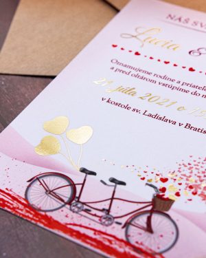 Originálne metalické svadobné oznámenia s bicyklom, zlatá metalická potlač