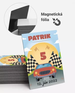 Magnetky z detskej oslavy, pamätné magnetky z narodenín s motívom závodného auta