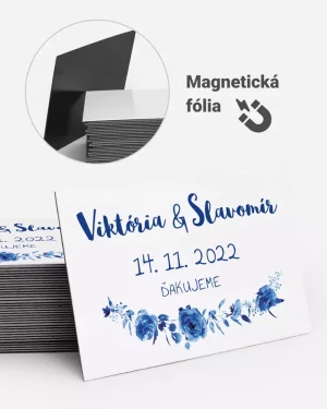 Svadobné magnetky s menami, modrý maľovaný motív