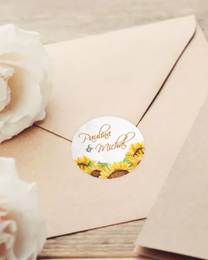 Mini nálepky na svadobné obálky alebo darčeky s motívom slnečnice