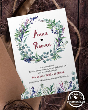 Svadobné oznámenia s motívom eukalyptu a byliniek.